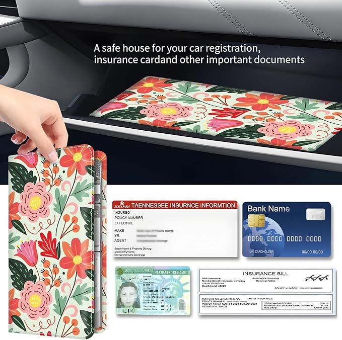BAUCIWLD Premium Car Registration and Insurance Card Holder, Cute PU Leather Car Document Holder, Vehicle Glove Box Car Organizer with Magnetic Closure for Driver License, Cards Bright Exotic Floral