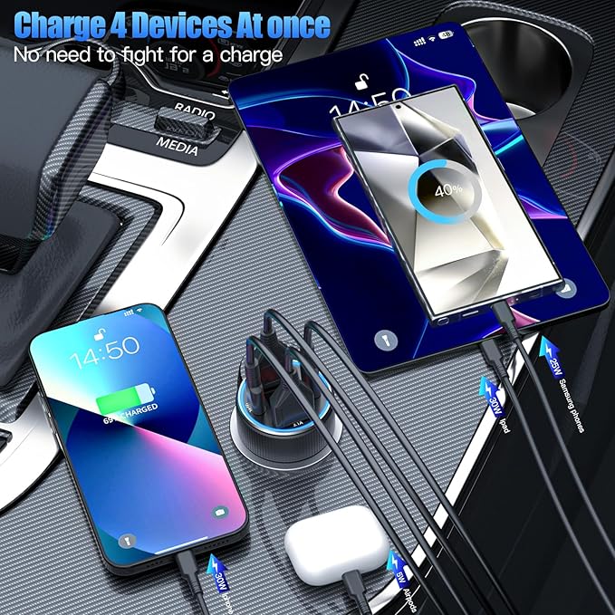 Car Charger with USB C Cable, 78W 4 Port Car Phone Charger Adapter Fast Charging, Dual USB C Car USB Adapter for iPhone 17 16 15 14 13, iPad, Samsung Glaxy, Android (Black & Cable)