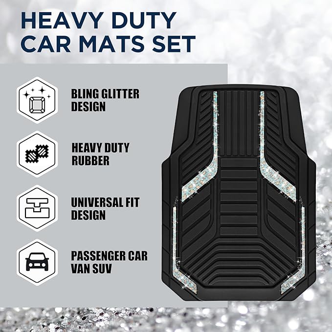 PIC AUTO Car Floor Mats, Leopard Sparkly Crystal Bling Glitter Car Mats Set, Front and Rear Heavy Duty Rubber Car Mats with Anti-Slip Backing, All Weather, Trim-to-Fit for Automotive SUVs, Sedan, Vans