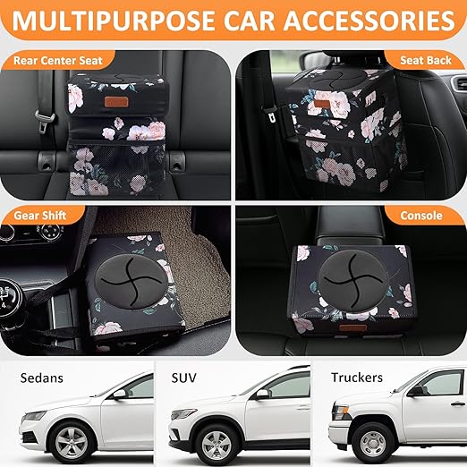 Vankor Car Trash Can for Car Cute,Bag Bin Hanging Waterproof Automotive Garbage Cans Leak Proof Vehicle Trash Can Black Floral