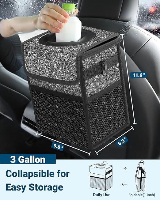 Capolo Car Trash Can with Lid, Leakproof Car Trash Bag Hanging Waterproof Automotive Garbage Can with Storage Pockets Mini Vehicle Trash Bin for Back/Front Seat(Sparkly Black,3 Gallon)