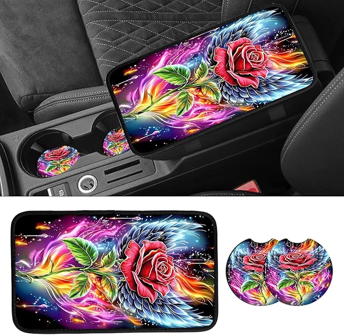 JANENFNA Car Armrest Cover Pads Universal Fashion Cute Auto Center Console Armrest Cover Pad with 2PCS Car Coasters Soft Waterproof Car Armrest Seat Protector for Women,Winged Rose