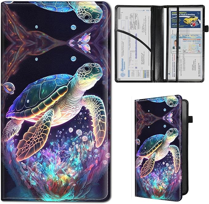Qindaiwen Car Registration and Insurance Holder, Vehicle Card Document Elastic Band Closure Glove Box Organizer, Driver License Cards, Car Accessories for Essential Info, Colorful Tree