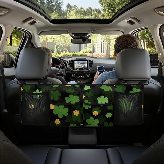 CLOHOMIN Green Leaves Car Trunk Organizers for Women Men Car Trunk Mesh Storage St. Patrick's Day Backseat Hanging Organizer Large Capacity Cargo Storage Organizer with 4 Pockets