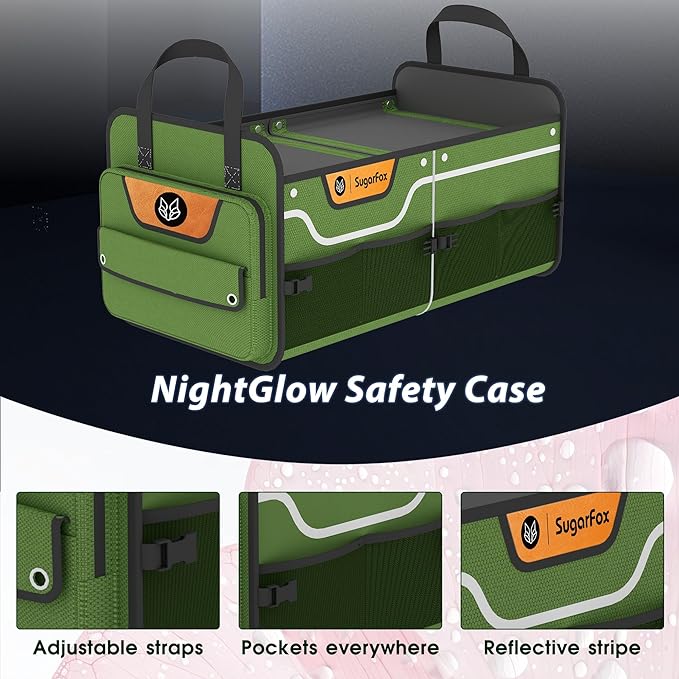 SugarFox Car Trunk Organizer for SUV, 70L Heavy Duty Waterproof Trunk Organizer, Foldable Vehicle Organizer with Anti-Slip Base, 24”x13.8”x11.8”, GREEN-M003