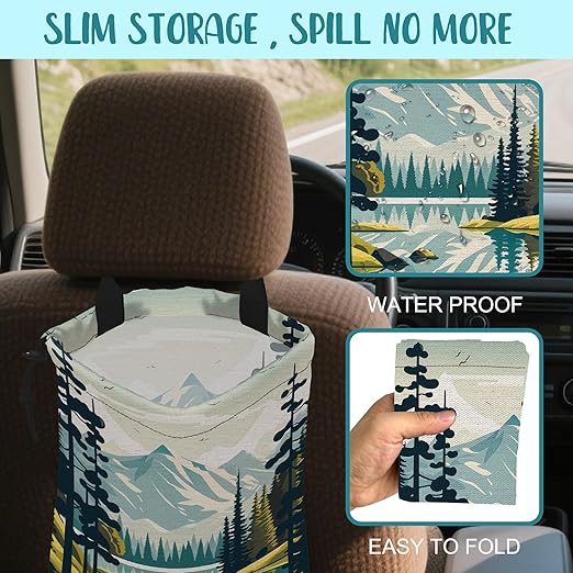 KXWQTRDD Car Garbage Bag Mountain and River Forest Hanging Canvas Car Trash Bag Waterproof Drawstring Car Back Seat Organizer for Car Back Front Seat Console with Adjustable Buckle
