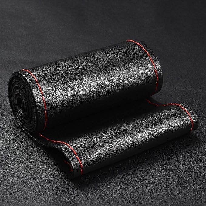 Steering Wheel Cover with Top Layer Genuine Leather and Anti-Slip Design, Soft Padding, Breathable, Universal 15 Inch Stitch on Wrap