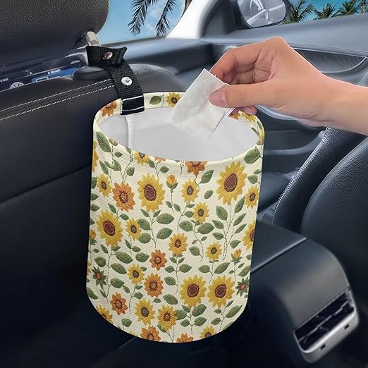Brosoneto Sunflower Print Car Trash Can Portable Collapsible Back Seat, Front Seat, Floor, or Hanging Headrest Waste Basket Car Accessories Interior for Women
