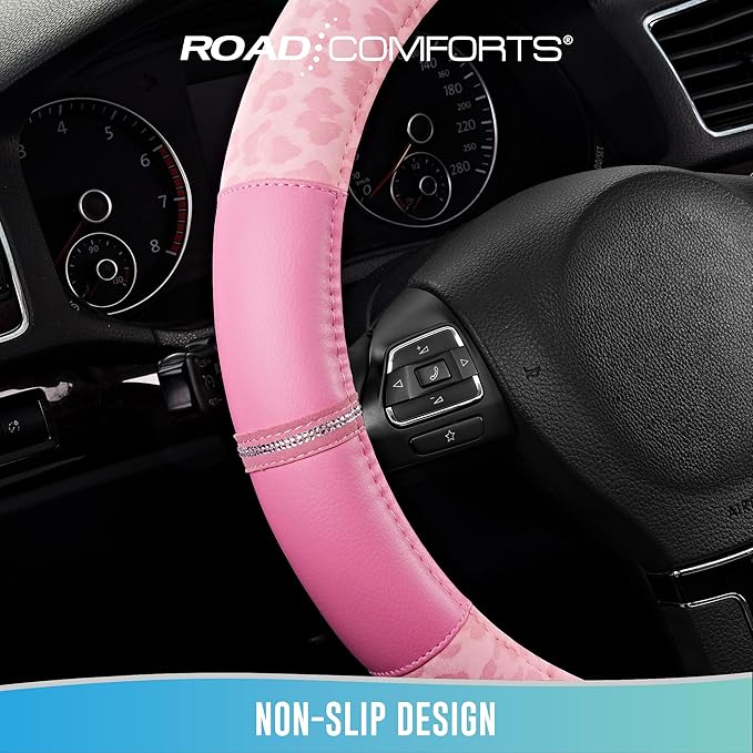 Road Comforts Leopard Steering Wheel Cover - Made with PVC Leather Cheetah Print - Anti-Slip, Universal Fit 14 1/2 inches to 15 inches - Pink