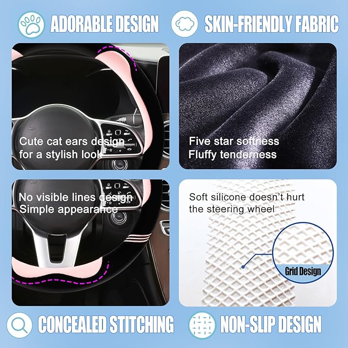 14 inch Furry Cute Steering Wheel Cover, Soft Fluffy Short Plush Auto Accessories, Non-Slip Cold-Proof Sweat-Proof Colorfast(Black with Pink)