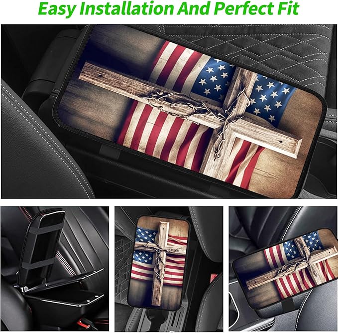 JANENFNA Car Armrest Cover Pads Universal Fashion Cute Auto Center Console Armrest Cover Pad with 2PCS Car Coasters Soft Waterproof Car Armrest Seat Protector for Women,Wooden Cross Flag