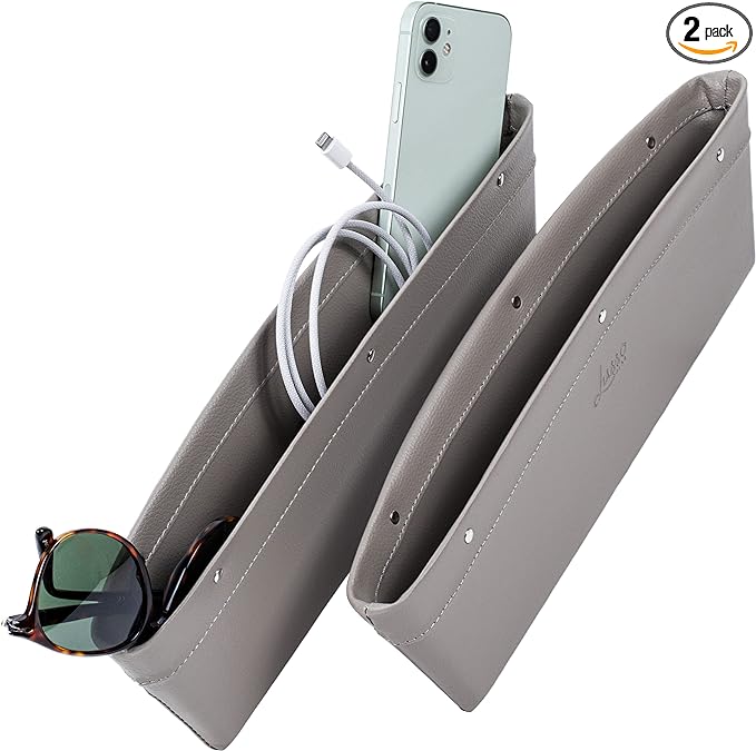 Lusso Gear Car Seat Gap Organizer - Pack of 2 - Prevents Items Falling & Seat Gap Filler - Universal Fit 0.5"-2" Slots & Automotive Use - Easy Clean Design for Auto Accessories - Gray Faux Leather