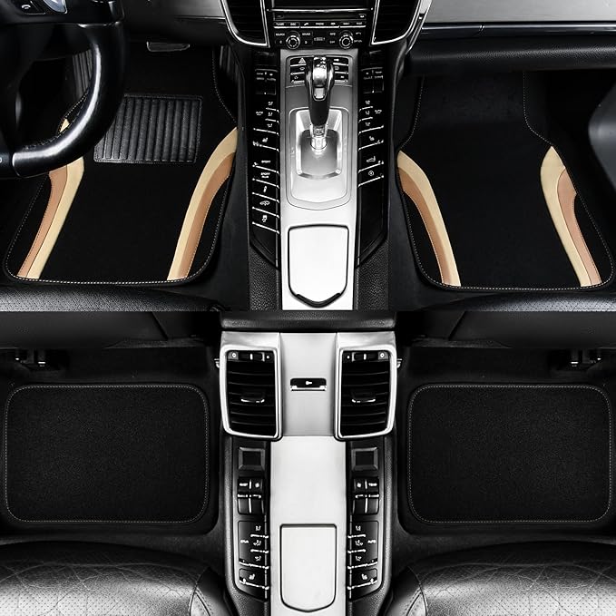 CAR PASS Beige Leather Car Floor Mats, Sporty Waterproof Car Carpet,Universal Automotive Floor Mats Fit for Sedans, Cars, Mid Trucks, Vans, SUV, Set of 4 (Black and Beige)