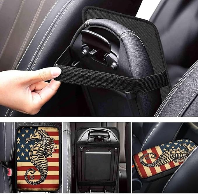 Car Center Console Pad, Universal Waterproof Car Armrest Seat Box Cover, Car Interior Accessories for Most Vehicle SUV Truck Vintage American Flag Seahorse Car Armrest Pad