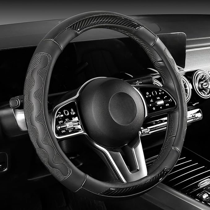 SEG Direct Car Steering Wheel Cover Large Size for F150 F250 F350 Ram 4Runner Tacoma Tundra Range Rover 15 1/2"-16" Embossed Microfiber Leather with Carbon Fiber Pattern Black