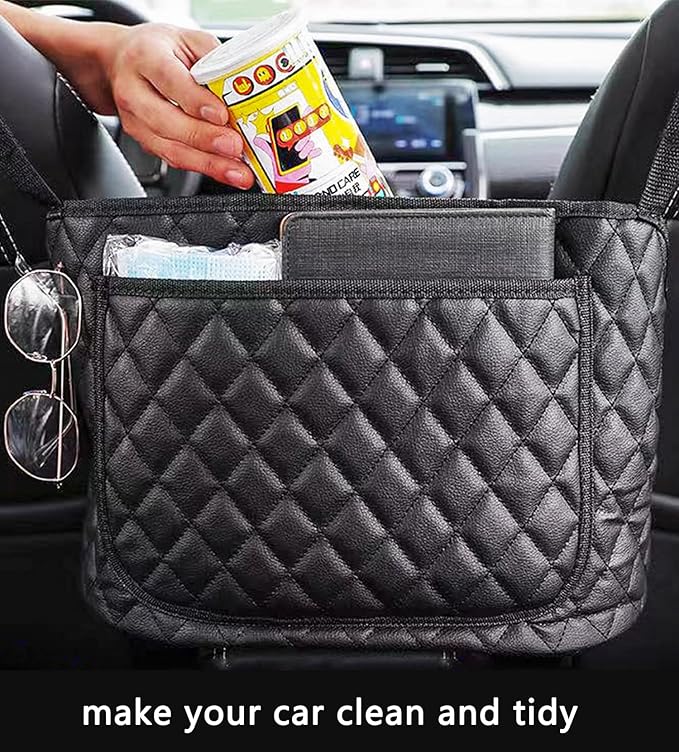Car Purse Holder - PU Leather Net Pocket Between Seats Organizer - Large Capacity Bag