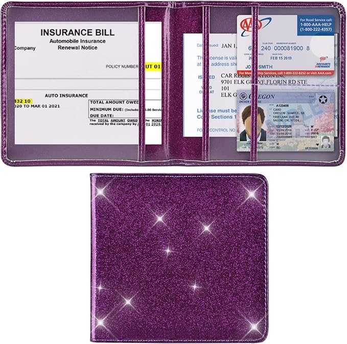 Cacturism Car Registration and Insurance Holder, Vehicle Glove Box Car Organizer Men Women Wallet Accessories Case for Cards, Essential Document, Driver License, Bling Purple