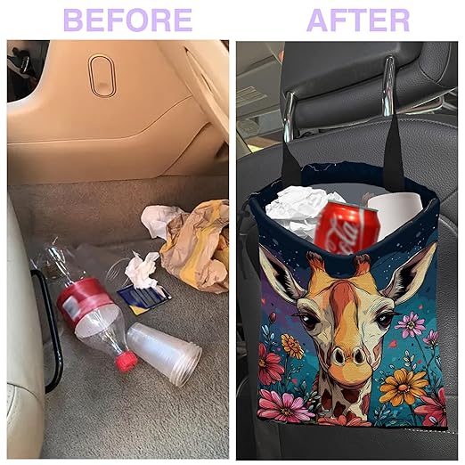 UUCBTAH Car Trash Bag Hanging Cute Giraffe Flowers Car Trash Can for Back Seat Waterproof Car Trash Bin with Adjustable Straps and Drawstring for Car Accessories Vehicle Travelling Camping