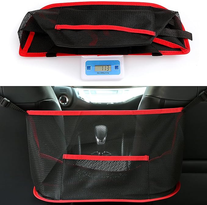 Car Net Pocket Handbag Holder, Organizer Mesh Bag Between Two Seat, Driver Storage Netting Pouch for Handbag Purse, Barrier of Backseat Pet Kids, Car Accessories for Women Men (Red)