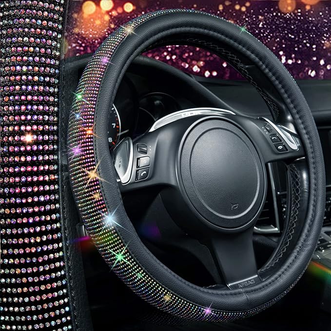 CAR PASS Diamond Leather Steering Wheel Cover, with Bling Crystal Rhinestones Fit Suvs,Vans,Sedans,Cars,Trucks Universal Fit 14.5-15inch Crystal Glitter for Women Sparkle Girl, Multicolor Diamond