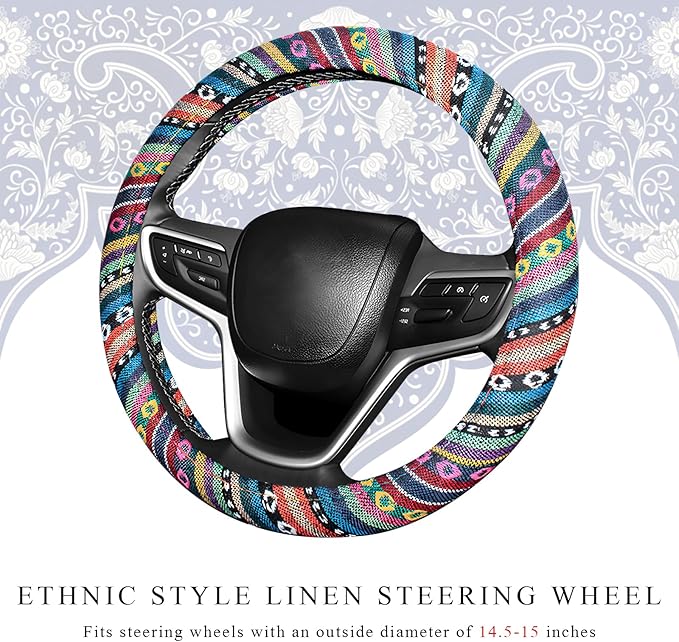 Boho Car Steering Wheel Cover, Ethnic Style Anti-Slip Coarse Flax Cloth Auto Wheel Cover, Bohemian Steering Wheel Protector for Most SUVs Vans Trucks, Car Accessories (Style A)