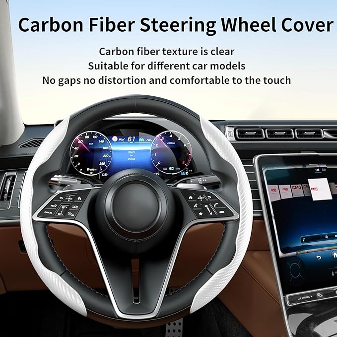 LevChall Carbon Fiber Steering Wheel Cover, 2-Piece Set Anti-Skid Comfortable Grip Segmented Butterfly Design, Easy Snap-On Installation Universal Fit 99% Cars, White