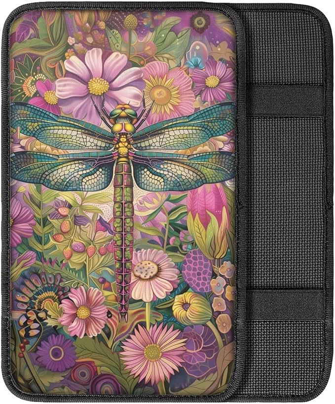 Mintutlipy Colorful Dragonflies and Flowers Car Armrest Cover Car Arm Rest Pad Car Interior Accessories for Men Women Dust Proof Car Center Console Protector