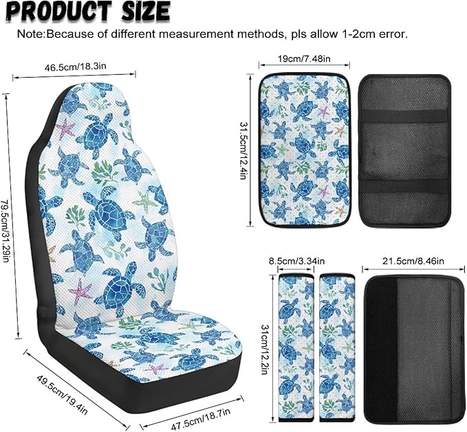 Oramclsy Turtle Car Front Seat Covers Protector Accessories with PU Breathable Armrest Pad and Seat Belt Cover 5 Pack Set Interior Decor All Season Protector