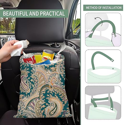 AXZOPDE Cute Car Trash Can, Hanging Canvas Car Back Seat Organizer and Storage Bag, Funny Car Trash Bag For Travelling, Outdoor Luxury Boho Paisley Flower
