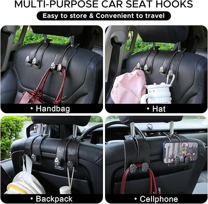 URIZZD 2PCS Leather Car Seat Hooks for Headrest, Vehicle Hanger Storage Organizer Universal for Handbag Purse, Car Accessories Gift (Black-Black)