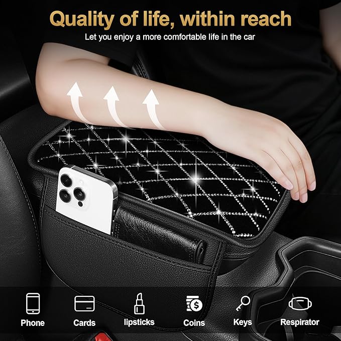 Center Console Cover Fit for Accord: Upgraded Bling Diamond Car Armrest Cover - Crystal Rhinestone Car Center Console Cover with 2 Storage Bags,Anti-Scratch Auto Armrest Pad Accessory （Black