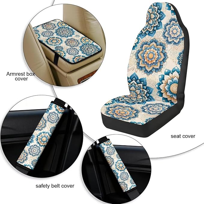 FUSURIRE Blue Mandala Flower Print Seat Covers for Cars Full Set 5-Pcs, PU Car Accessories Seat Belt Covers Pads + Vehicle Armrest Protector for Women Men Interior Accessories Decor