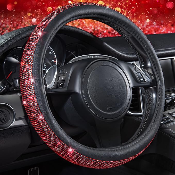 CAR PASS Red Diamond Black Leather Steering Wheel Cover, with Bling Crystal Rhinestones Universal Fit 14" 1/2-15" Crystal Glitter for Women Sparkle Girl Fit Suvs,Vans,Sedans,Cars,Trucks, Red Diamond