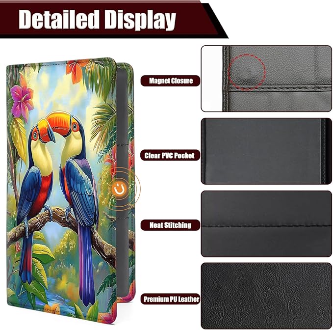 Car Document Holder with Magnetic Shut, Car Registration and Insurance Card Holder, Vehicle Glove Box Organizer Documents, Driver License, Auto Paperwork Organizer Wallet, Colorful Bird In Rainforest