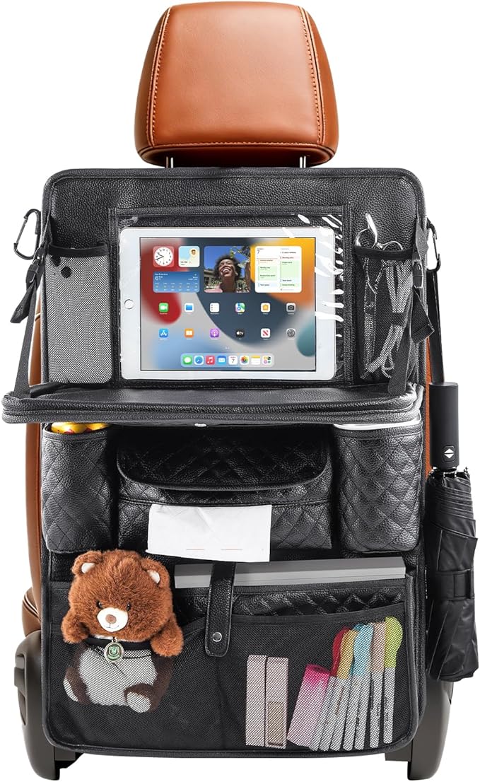 Rosynee Car Seat Organizer with Foldable Table Tray - 11 Storage Pockets PU Leather Backseat Organizer with Tablet Holder, Seat Back Protector Kick Mat for Kids Family Road Trip Accessories (Black)