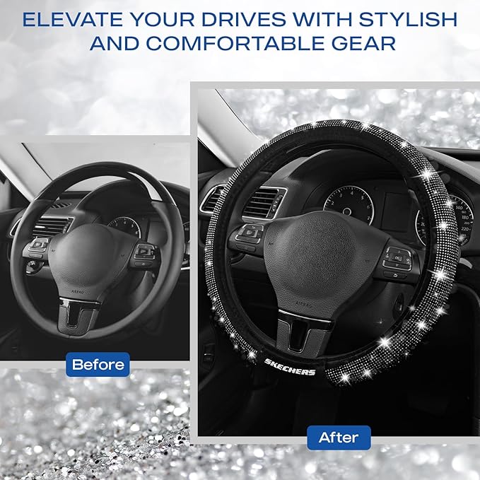 Skechers Women’s Bling Steering Wheel Cover, Velvet with Sparkly Crystal Rhinestones, Stylish Car Interior Gift, Universal Fit 14" 1/2-15" for Cars, SUVs, Trucks, Black Diamond
