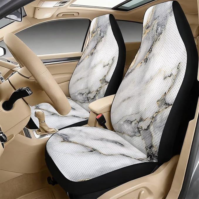 FUSURIRE 5 Pcs Car Accessories Set -White Marble Pattern PU Front Seat Covers, Seat Belt Covers & Center Armrest Pad for Car Interior Accessories