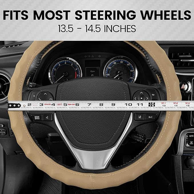 BDK Genuine Leather Car Steering Wheel Cover Small Size 13.5 to 14 Inch Beige -, Easy Installation