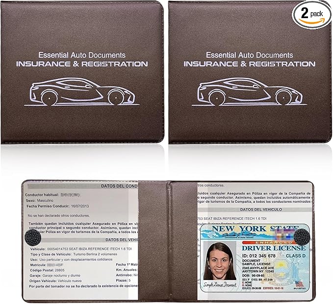 Ziciner Car Registration Insurance Holder, 2Pack Essential Auto Card Document Glove Box Organizer with Touch Fastener, Vehicle Interior Accessories Perfect for Most Car, Truck, SUV (Brown/Small Car)