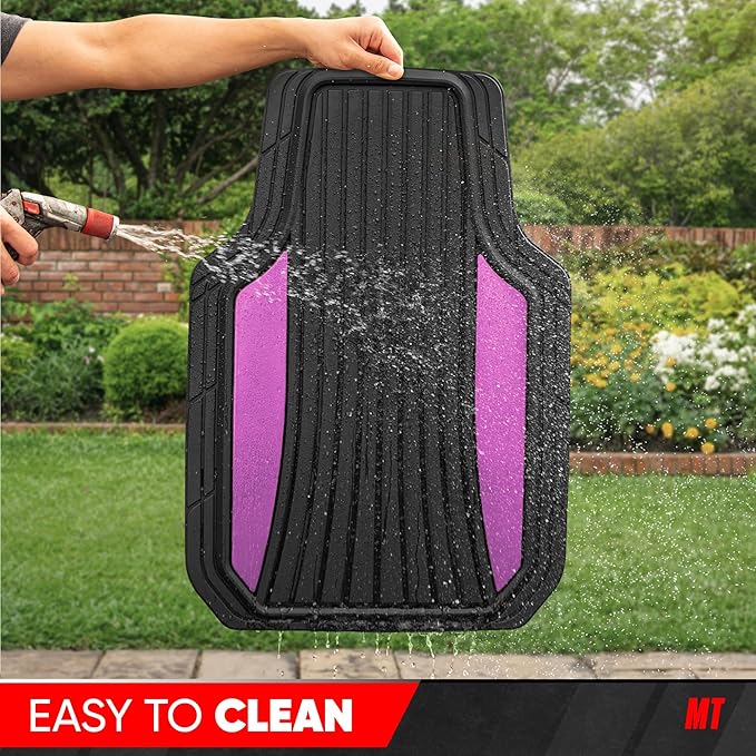 Motor Trend ChromeTech Car Floor Mats Full Set - Durable Rubber Floor Mats for Cars with Two Tone Accent, All Weather Interior Protection for Front and Rear with Non-Slip Backing, Black & Pink