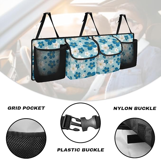 CLOHOMIN Flower Car Trunk Organizers for Women Blue Back Seat Storage Bag with 4 Pockets Fashion Trunk Organizer for SUV Truck Sedan Hanging Car Interior Accessories