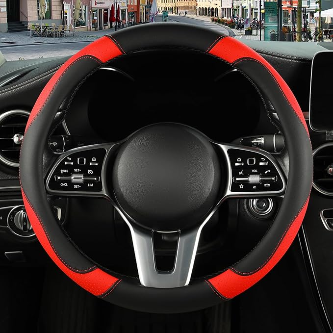 Binsheo Microfiber Leather Steering Wheel Cover Large Size for Ford F150 F250 F350 RAM 4Runner Tacoma Tundra Armada Model S Model X, Breathable, Anti Slip, 15.5 inch to 16 inch, Black with Red