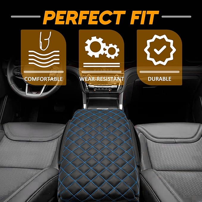 Center Console Cover for Ford Explorer 2026 2025 2020-2024 Accessories 1.2in Thickness Armrest Cover Leather Arm Rest Box Lid Protector Cushion Pad Middle Console Cover with Side Pockets (Blue Stitch)