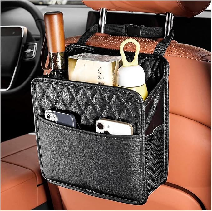 Car Back Seat Organizer, Large Capacity Foldable Car Headrest Hanging Organizer with Storage Pockets, Waterproof Leather Multipurpose Back Seat Storage Bag for Most Vehicles (Black)