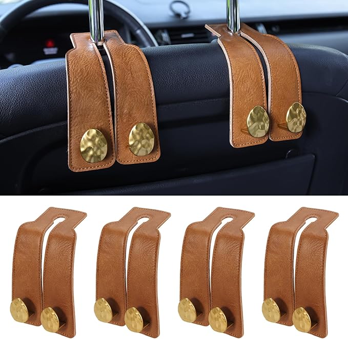 URIZZD 4 PCS Leather Car Seat Hooks for Headrest, Vehicle Hanger Storage Organizer Universal for Handbag Purse, Car Accessories Gift (Brown-Gold-4 PCS)
