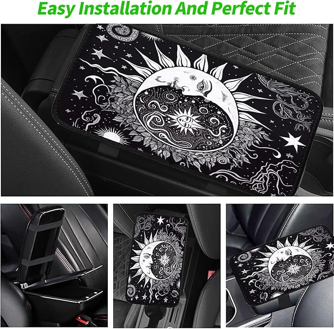JANENFNA Car Armrest Cover Pads Universal Fashion Cute Auto Center Console Armrest Cover Pad with 2PCS Car Coasters Soft Waterproof Car Armrest Seat Protector for Women,Black White Sun and Moon