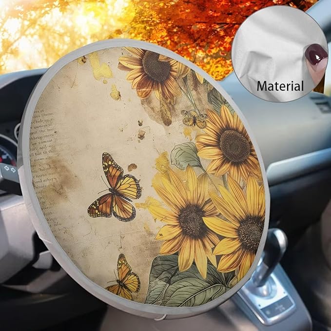 Anti-Heat Steering Wheel Sun Shade Cover Retro Sunflower Butterfly Pattern 17"x17" Car Steering Wheel Cover Steering Wheel Sun Heat Shield Fit Most Car Truck Van SUV