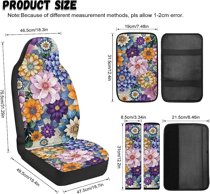 Qeluxign Automotive Seat Covers Colorful Hippie Flower 5 Piece Universal Fit Car Accessories with Soft 2 Pack Seat Belt Cover Pads and Center Console Armrest Covers for SUV Truck Interior Set