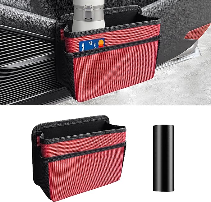Car Trash Can, Foldable Mini Vehicle Trash Bin Garbage Organizer Holder, Waterproof Hanging Mini Auto Dustbin Accessories Storage Container for Vans, SUVs (red)
