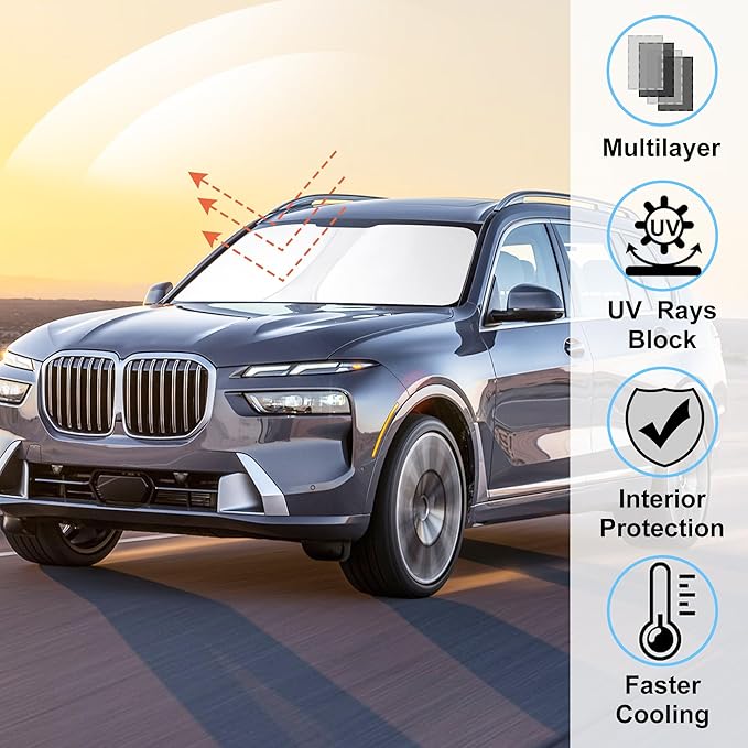 Windshield Sun Shade Custom Fit for 2021 2022 2023 2024 2025 BMW X7 3.0L xDrive40i Accessories Foldable Sunshade Sun Blocker Protect Car from Sun Rays & Heat Damage Keep Car Cooler